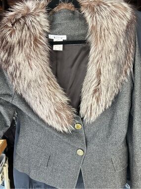 Thierry By Thierry Mugler Gray Wool Jacket with Faux Fur Collar